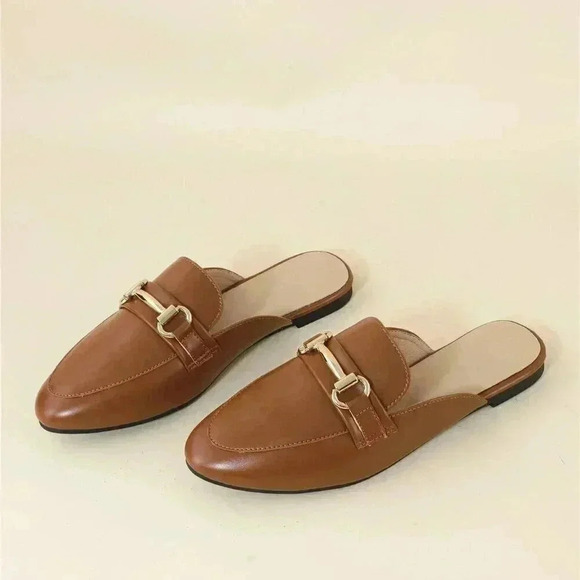 Brown Elegant Women's Metal Decor Flat Mules - Picture 2 of 8